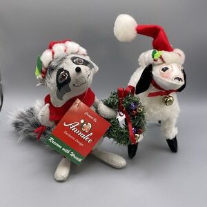 2 Annalee Raccoon w/ Wreath & White Lamb Sheep Santa Hat & Bell Poseable Lot '09